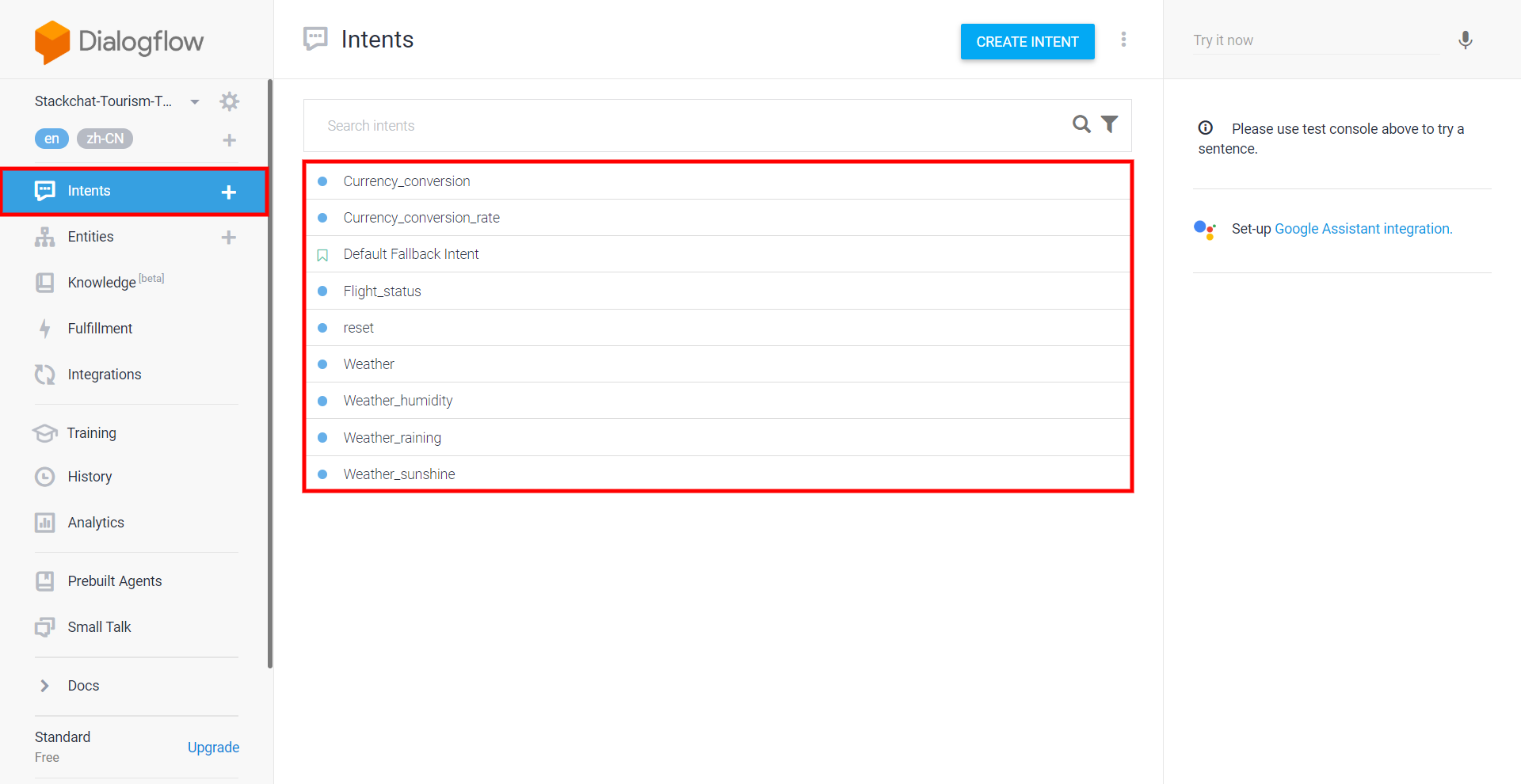 Dialogflow Intents list