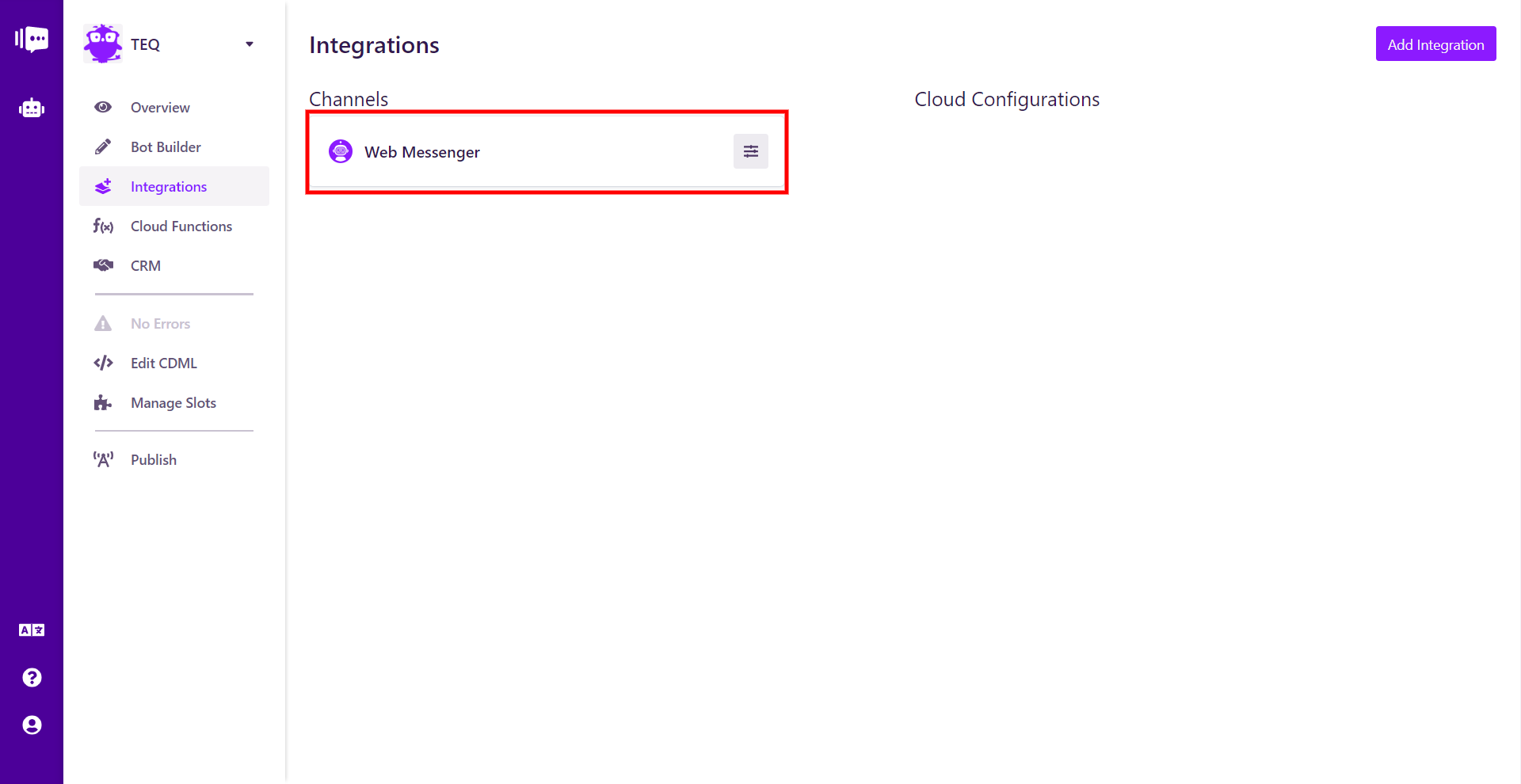The integrations page with a Web Messenger Integration